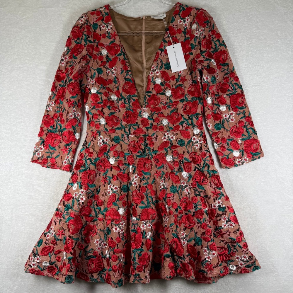 Lovers and Friends Red Floral Embroidered Lace Deep V-Neck Mini Dress Medium NWT